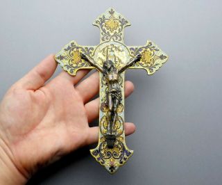 French,  Antique Religious Large Enamel Cross.  Crucifix.  Bronze Pendant
