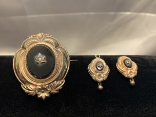 Antique Victorian Gold Filled Jeweled Mourning Brooch Pin Inlaid Onyx Earrings