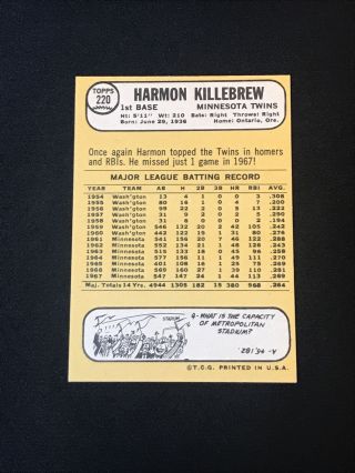 Harmon Killebrew 1968 Topps Baseball 220 Minnesota Twins - EXMT - NM 2