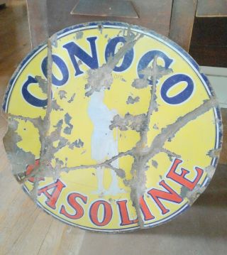 Rare Vintage Porcelain Conoco Gasoline Minuteman Sign 24 Inch Double Sided