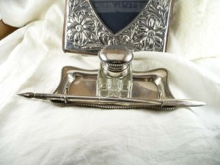 Vintage Sterling Silver Desk Inkwell & Tray,  Hmss Pen : Birmingham 1930 E Baker