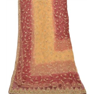 Sanskriti Vintage Dupatta Long Stole Net Mesh Dark Red Veil Hand Beaded Scarves 2