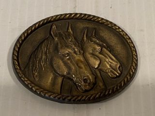 Vintage Belt Buckle 2 Horse Heads By M.  B.  C.  I.  3x2.  25 Unisex Brass?