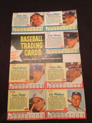 1962 Post Cereal Baseball Uncut 7 Card Panel Killibrew,  Alou,  Ed Mathews,  More