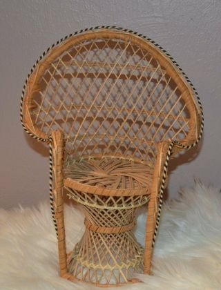 Vintage Peacock Wicker Doll Bear Plant Chair - Boho Rattan Decor - 12 "