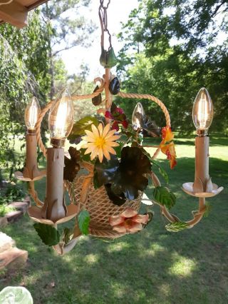 Vintage Italian Tole Painted Flower Basket Chandelier Light 4 Arm