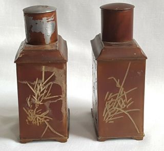 ANTIQUE PAIR CHINESE TEA CADDIES HAND CARVED CHARACTERS PAIR SWATOW PEWTER BOXES 3