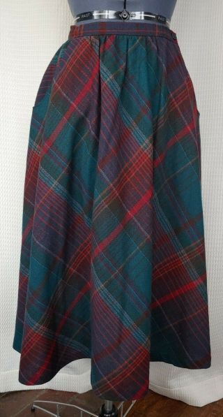 Vintage Wool Blend Plaid Skirt In Red,  Green And Brown