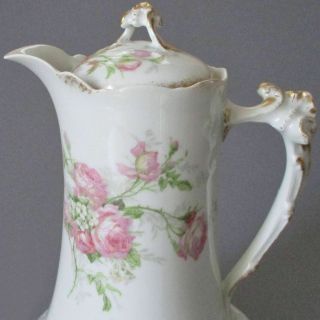 Antique Limoges France Porcelain Chocolate Pot Pretty Pink Roses,  White Flowers