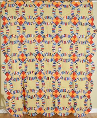 Large Vintage Double Wedding Ring Quilt Top Great Colors
