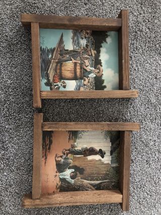Jim Daly Vintage Wood Frame Rustic Prints Tom Sawyer & Huckleberry Finn