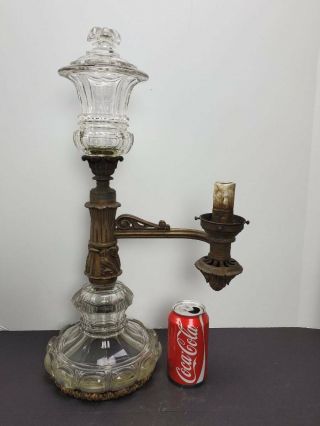 Antique Bronze & Cut Glass Single - Arm Argand Oil Lamp,  Astral,  21 1/2 " Tall