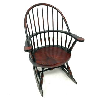 Vtg Miniature Windsor Spindle Back Cherry Black Wooden Doll Rocking Chair 13in