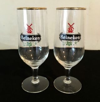 Set Of 2 Vintage Heineken Stemmed Beer Glasses Windmill Logo 12oz