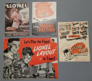3 Post - War Lionel Train Booklets Plus Folding Table Card For " Pop "