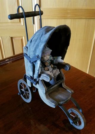 Antique Baby Doll Stroller Carriage Buggy,  Wood With Metal 12 " H X 6 " W X 9.  5 " L