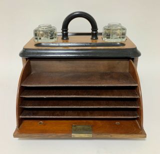 Antique Victorian Walnut Desktop Stationery Cabinet Writing Box Ink Pen Stand 3