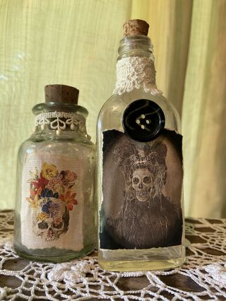 Antique Bottle Floral Skull Gothic Oddities Decorations Gift Macabre 4 - 6”