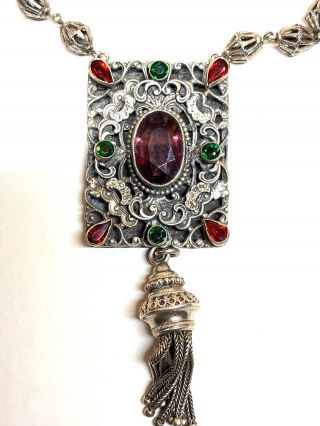 Antique German Ornate Silver Pendant With Chain Color Stones