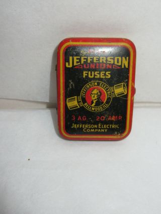 Antique Jefferson Union Fuse Tin With 5 Fuses & Paperwork 3ag 20amp