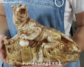 11 " Marked China Old Jade Gilt Feng Shui Tiger Tigers Animal Great Wall Statue