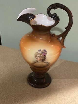 Antique Warwick Porcelain Vase - Pitcher / Portrait / Blonde Lady / Art Nouveau /