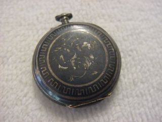 Vintage Sterling Silver Antique 1920 Art Deco Niello Enamel Pendant Pocket Watch