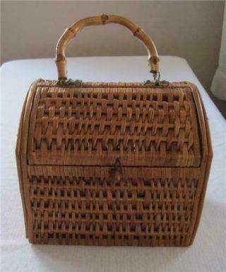 Large Vintage Woven Wicker Wood Basket Handled Purse Small Picnic Hamper