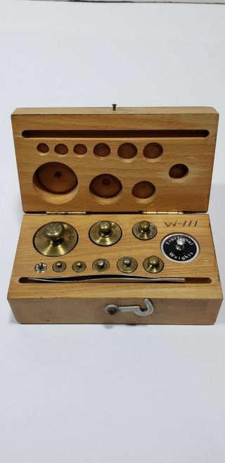 Vintage Brass Scale Weights Set In Wooden Box 9 Weights W Fractional & Tweezers