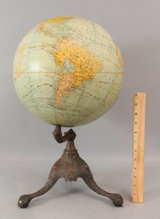 1922 Antique Spanish Rand Mcnally Terrestrial Globe Globo Terrestre Iron Base Nr