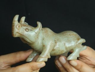 Old China Natural Hetian White Jade Hand - Carved Statue Rhinoceros Rhino