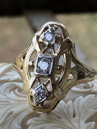 Antique Art Deco 14k Yellow Gold & Diamond Ring Size 4