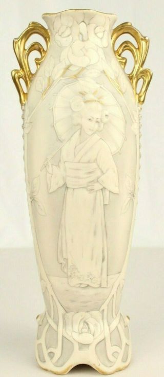 Antique Early Royal Dux Porcelain Geisha Japanese Oriental Art Nouveau Vase 11 "