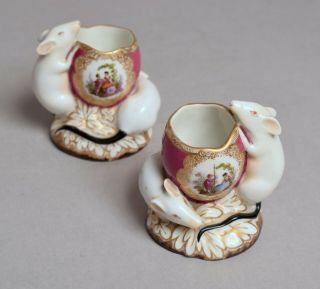 Very Unusual Pair Antique Helena Wolfsohn German Dresden Porcelain Mice Vases