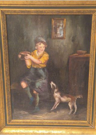 Rare Antique Oil Painting On Canvas - Signed W.  V.  D.  Vlies & Numbered.  Girl/dog