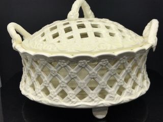 Leedsware Creamware Lattice Pierced Lidded Dish Basket Antique ? Chestnut Footed