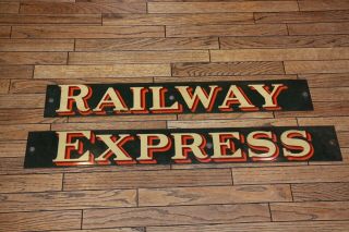 Antique 2 Piece Railway Express Agency Railroad Enameled Porcelain Sign