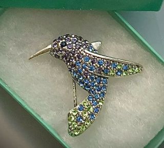 Vintage Monet Signed Pin Brooch Rhinestone Crystal Hummingbird Blue Purple Green