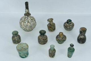 10 Ancient Roman Glass Iridescence Color Bottles With Patina