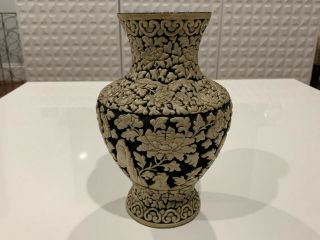 Antique Chinese Qing / Republic White Cinnabar Lacquer Vase W/ Floral Decoration