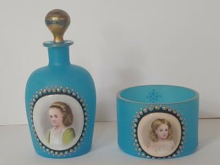 Antique French Blue Opaline Glass Perfume Bottle & Small Trinket Jar W Cameos