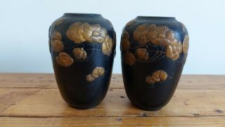 Antique Art Nouveau Bretby Pottery Clanta Vases Gilt Gold Flowers Design