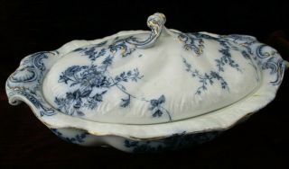 Antique Booths Flow Blue Semi Porcelain Lidded Vegetable Dish Princess Pattern