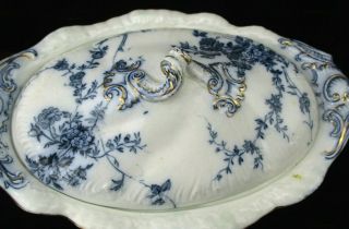 Antique Booths Flow Blue Semi Porcelain Lidded Vegetable Dish Princess Pattern 2