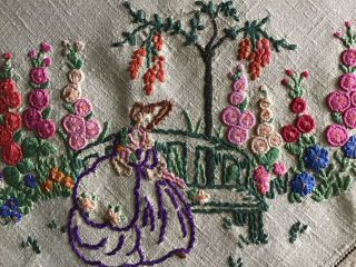 Gorgeous Vintage Lemon Linen Hand Embroidered Tablecloth Crinoline Lady Florals