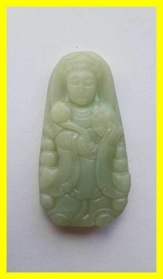 Chinese Green Jade Or Hardstone Deity Figure Necklace Or Pendant