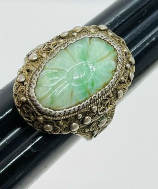 Antique Chinese Sterling Silver Filigree Carved Jade Ring Size 7.  5 Adjustable