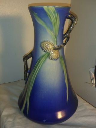 Antique Roseville 1930s 1st Generation,  Large 12 " Blue Pinecone Vase Gold Label