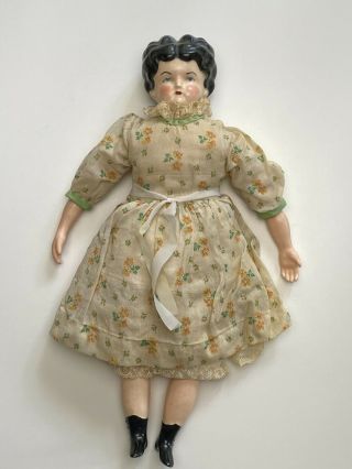 Vintage Porcelain Doll Hand Painted Black Hair Cloth Body Hand Made Dress