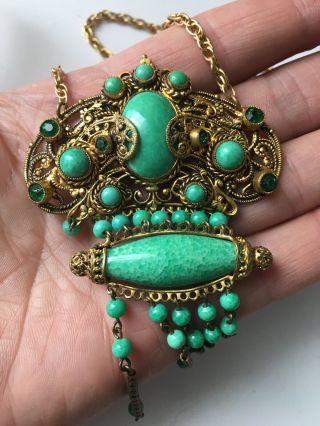 Antique Art Deco Czech Bohemian Peking Jade Green Glass Dropper Necklace Neiger?